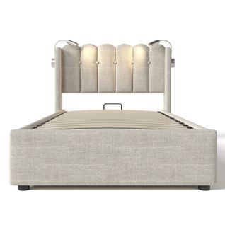 Lit Simple à Rangement Hydraulique 90x200cm Tête De Lit Rechargeable Et Liseuse Beige