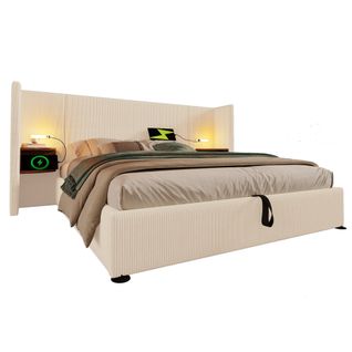Lit Double Rembourré 160*200cm Avec Table De Chevet,lampe Et Fonction De Charge USB Type-c
