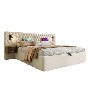 Lit Rembourré Avec Rangement Hydraulique, Lit Double 180×200 Cm Avec 2 Tables De Chevet, Tête De Lit