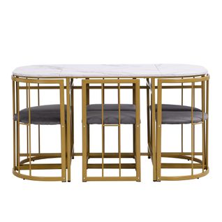 Ensemble De Table à Manger à Six Chaises : Table Blanche, Chaises Avec Dossiers Et Coussins Gris