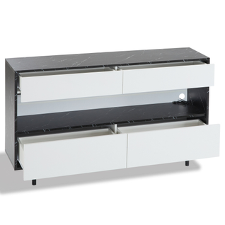 Buffet Effet Marbre Noir Et Blanc 4 Tiroirs Et Éclairage LED 150x35x89,5cm Strud