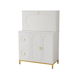 Buffet Haute Bureau Blanc Étagère Tablette Retractable Poignets Dorés 100*51*150cm Bhiegads