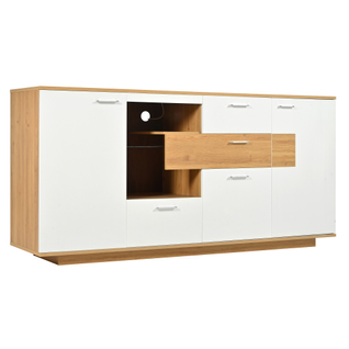 Buffet Blanc Et Effet Bois 2 Portes 4 Tiroirs Avec Éclairage LED 16 Couleurs Stud