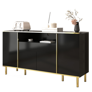 Buffet Noir Brillant Avec Accents Dorés Et Éclairage LED Thisod
