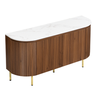 Buffet Vintage Luxe Effet Marron Portes Courbes Plateau Effet Marbre Blanc Et Pieds Dorés