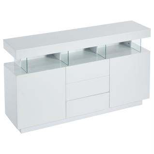 Buffet Blanc Brillant Avec Éclairage LED 2 Portes 3 Tiroirs Rezer