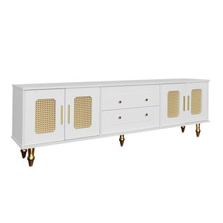 Meuble TV Élégant Avec Portes En Rotin Et Détails Dorés Dhuphieds