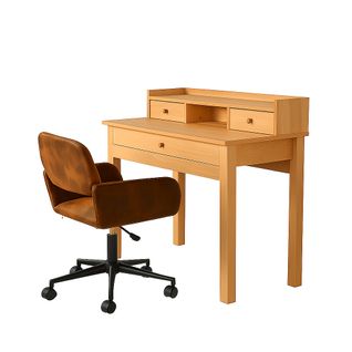 Ensemble Bureau Scandinave Bois Clair Avec Rangements Et Fauteuil De Bureau Vintage Suede Marron