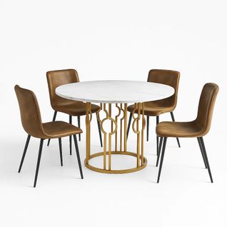 Ensemble Table Ronde Effet Marbre Blanc + 4 Chaises Suède Vintage