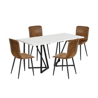 Ensemble Table Extensible Effet Marbre Blanc Pieds Noirs + 4 Chaises Suède Vintage