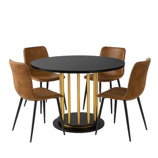 Ensemble Table Ronde Effet Marbre Noir Ø110 Cm + 4 Chaises Suède Vintage