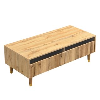 Table Basse Moderne Effet Bois Façade Ondulée Éclairage LED 2 Tiroirs Peakglade