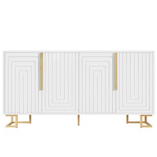 Buffet Blanc Portes à Motif Géométrique, Poignées Dorées 4 Portes Cedarpeak