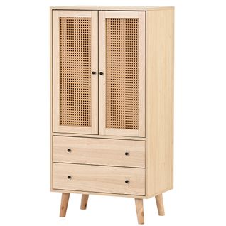 Buffet Effet Bois Portes Et 2 Tiroirs En Rotin, Pieds En Bois Massif Fenmuck