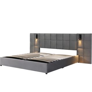 Lit Coffre King En Velours Gris Avec Éclairage Et Prises USB 180*200 Permafrost