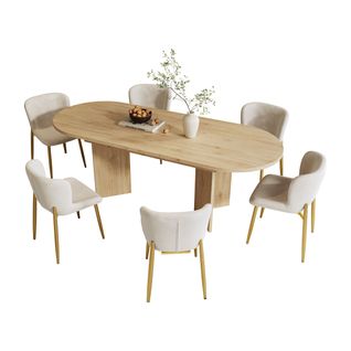 Ensemble de salle à manger extensible chêne, 6 chaises velours beige pieds dorés Reedyhollow