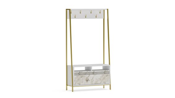 Vestiaire D’entrée Devin 180 Cm – 7 Patères, Placard Et Étagères Ouvertes (Ephèse Et Doré)