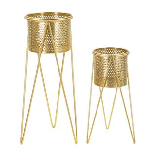 Lot De 2 Cache Pots Mf404, Métal, Or, 21x20x46 Cm