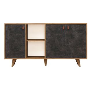 Buffet 3 Portes Et 2 Étagères Ancon 140x86cm Bois Chêne Et Gris Foncé Effet Béton