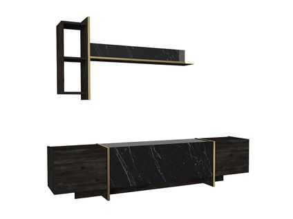 Ensemble TV Avec 3 Portes - Effet Marbre Noir Et Doré - Cadeba