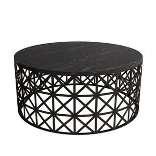 Table Basse Ovale Ellipticum Support Grille Ajouré Bois Marbre Noir Et Métal Noir