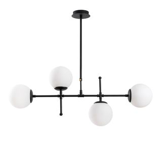 Suspension Barre 4 Lampes Globes Movado 108cm Métal Noir Et Verre Blanc