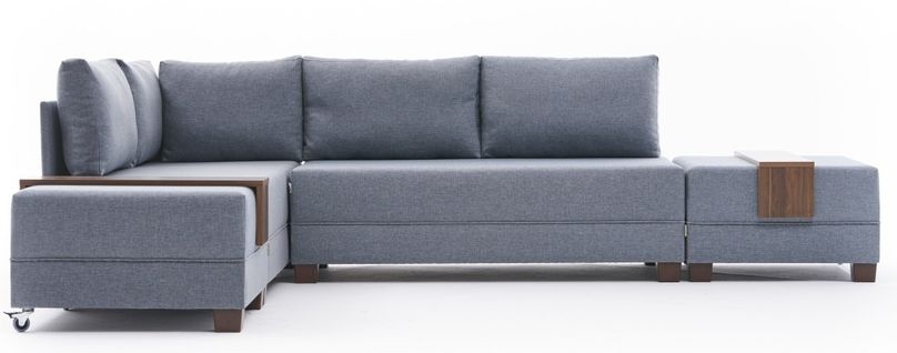 Canapé D'angle Gauche Et 2 Poufs Tissu Bleu Tikona 280 Cm