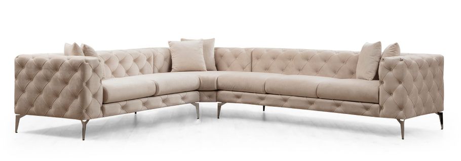 Canapé D'angle Droit Capitonné Velours Beige Clair Et Pieds Chromés Herakles 270 Cm
