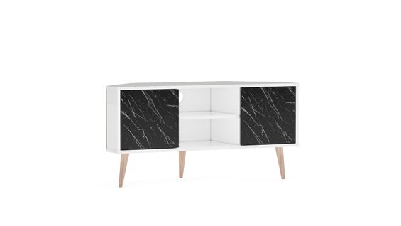 Meuble TV D'angle Lesson 120 Cm 2 Armoires Et Étagères Ouvertes (blanc Et Effet Marbre Noir)