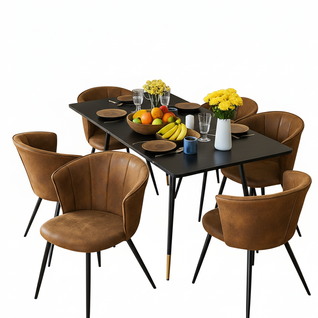 Ensemble Table Extensible Noire Pieds Or + 6 Chaises Coquille Suédine