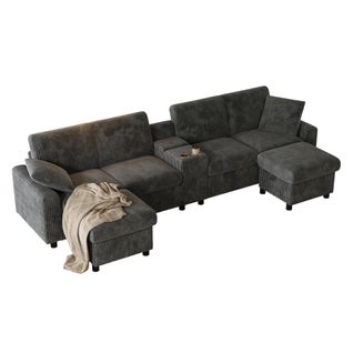 Canapé  4 Places Avec 2 Poufs Et Station De Charge, Revêtement En Velours Côtelé Gris