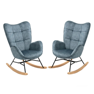 Lot De 2 Fauteuils à Bascule De Jardin – Tissu Bleu, Pieds En Bois, Style Nordique