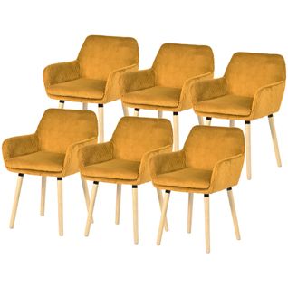 Lot De 6 Chaises De Salle à Manger Scandinave Rembourrée En Velours Côtelé, Pieds En Bois, Jaune