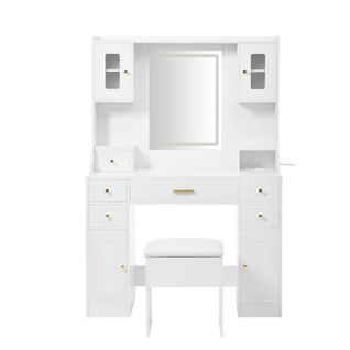 Grande Coiffeuse Blanche Avec Miroir, 6 Tiroirs Et 4 Portes, Avec Prises Et LED