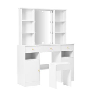 Grande Coiffeuse Blanche Avec Miroir LED, Tabouret, 3 Tiroirs Et 2 Portes