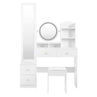 Coiffeuse 4-en-1 avec miroir plein pied et miroir rotatif, LED, poignées métal, blanc, avec tabouret