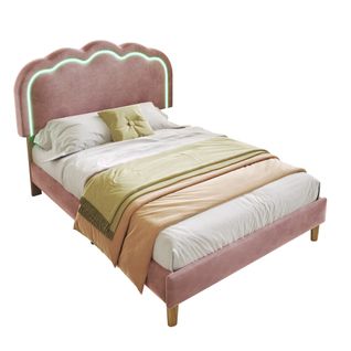 Lit Rembourré LED Simple 90 X 200 Cm, Sommier Et Tête De Lit Réglable, Velours Rose