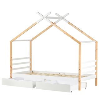 Lit Cabane Enfant 90 X 200 Cm En Bois De Pin Massif, Avec Tiroirs Et Sommier