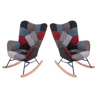 Lot De 2 Fauteuils à Bascule, Rocking Chair En Tissu Patchwork Avec Pieds Bois Et Métal