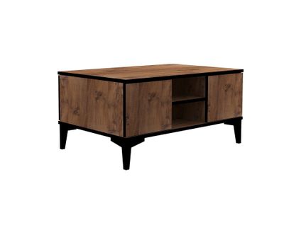 Table Basse Avec 4 Portes Basculantes Unana 90x60cm Bois Clair Et Noir