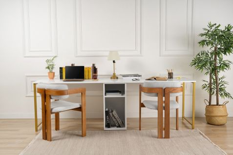 Bureau Double Moderne Hanvel L240cm Bois Blanc Et Métal Or