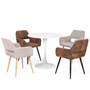 Ensemble Table à Manger Ronde Blanche Mdf Style Scandinave Avec 4 Chaises Tissu Beige Et Marron
