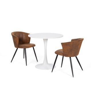Set Table à Manger Table Ronde Blanche MDF Pied Tulipe et 2 Chaises Vintage Marron Style Industriel