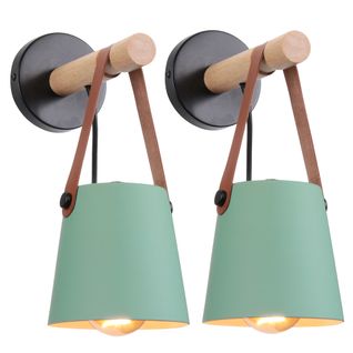 Lot De 2 Applique Murale En Bois Naturel Abat-jour Pour Couloir Chambre Salon, Vert (sans Ampoule)