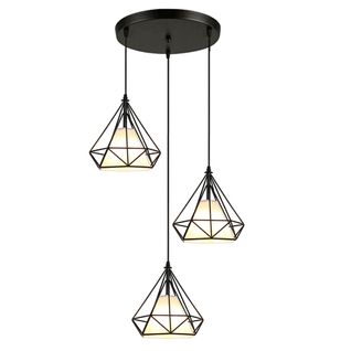 Suspension Industrielle 20cm 3 Lampes Lustre Abat-jour Diamant E27 Pour Cuisine Chambre Salon Noir