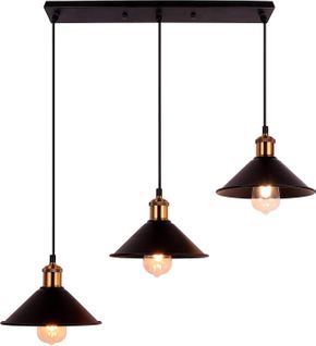 Suspension Industrielle 3 Luminaires Lustre Vintage Abat-jour 22cm Noir