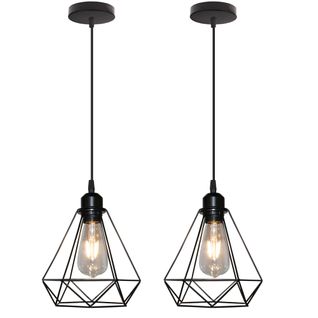 Lot De 2 Suspension Cage Diamant E27 Lustre Abat-jour Métal Pour Salle Salon Chambre Noir