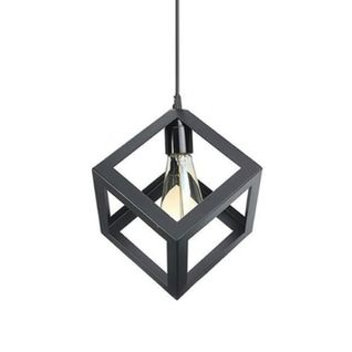 Suspension Moderne Géométrique Cube E27 Lustre Industriel Luminaire Abat-jour Métal Noir