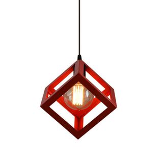 Suspension Moderne Géométrique Cube E27 Lustre Industriel Luminaire Abat-jour Métal Rouge