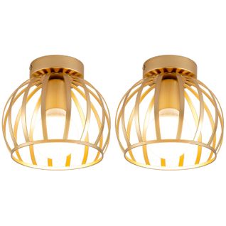 (2x) Lampe De Plafond Rétro Luminaire Plafonnier Cage En Métal Plafonnier Design Rond E27 20cm, Doré